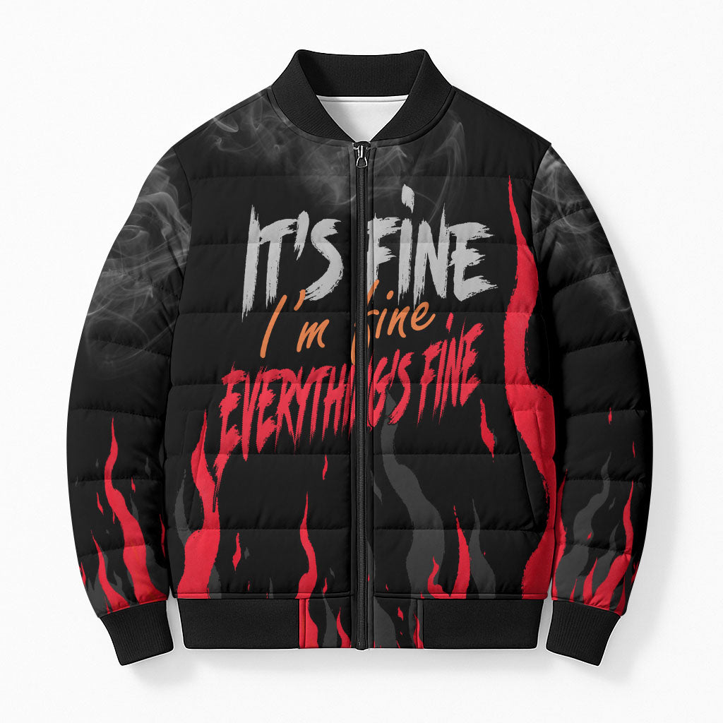 Dumpster Fire Everything's Fine Bomber Puffer Jacket Dark Heavy Metal Flame Skull Sarcastic Art