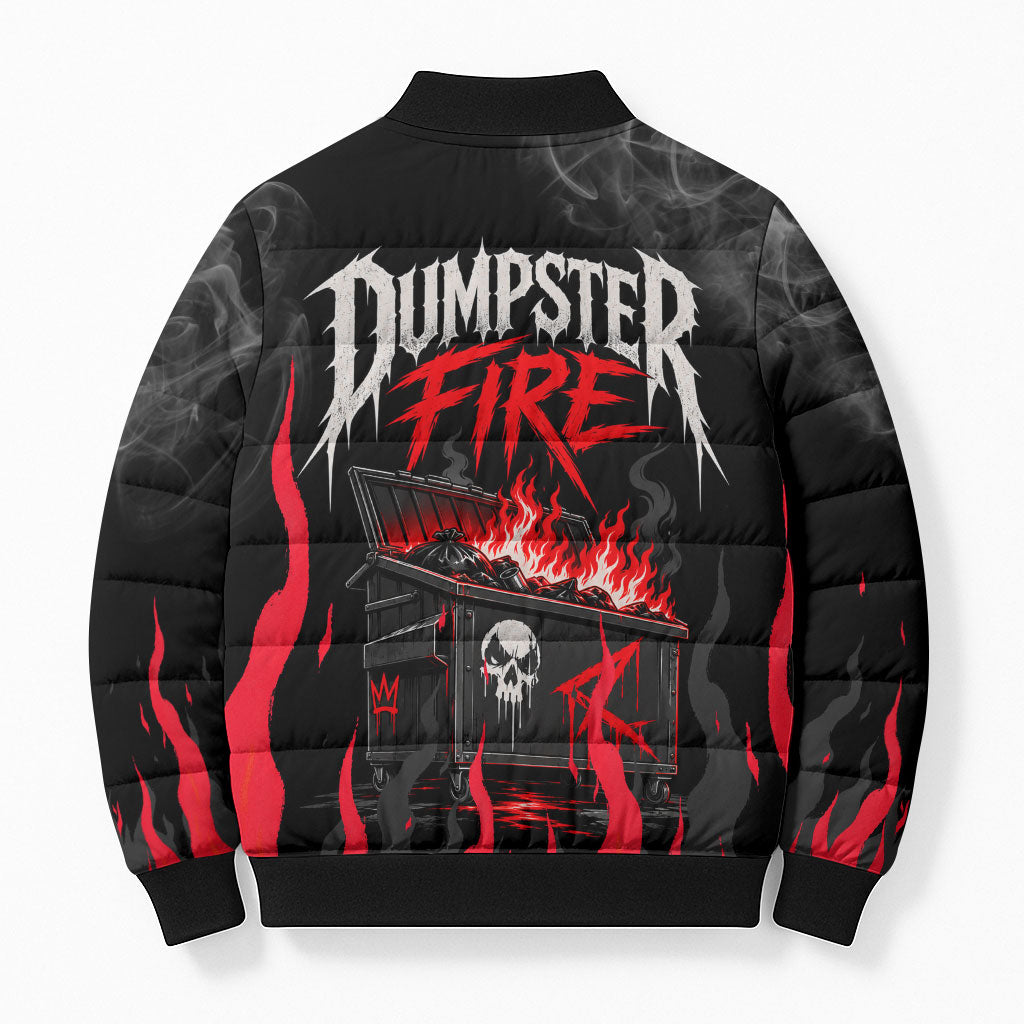 Dumpster Fire Everything's Fine Bomber Puffer Jacket Dark Heavy Metal Flame Skull Sarcastic Art