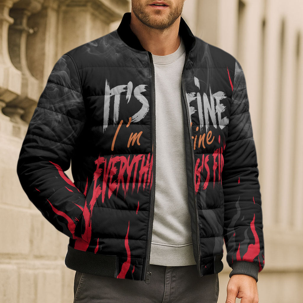 Dumpster Fire Everything's Fine Bomber Puffer Jacket Dark Heavy Metal Flame Skull Sarcastic Art