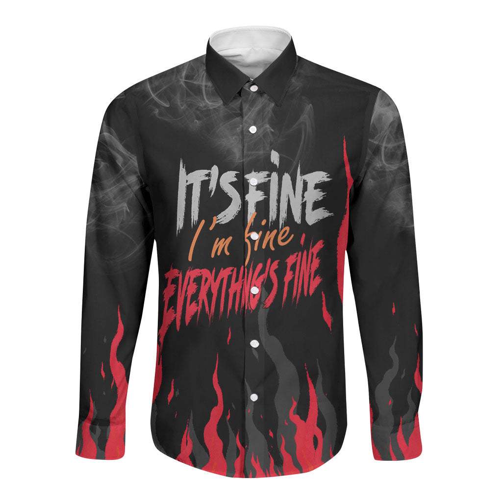 Dumpster Fire Everything's Fine Long Sleeve Button Shirt Dark Heavy Metal Flame Skull Sarcastic Art