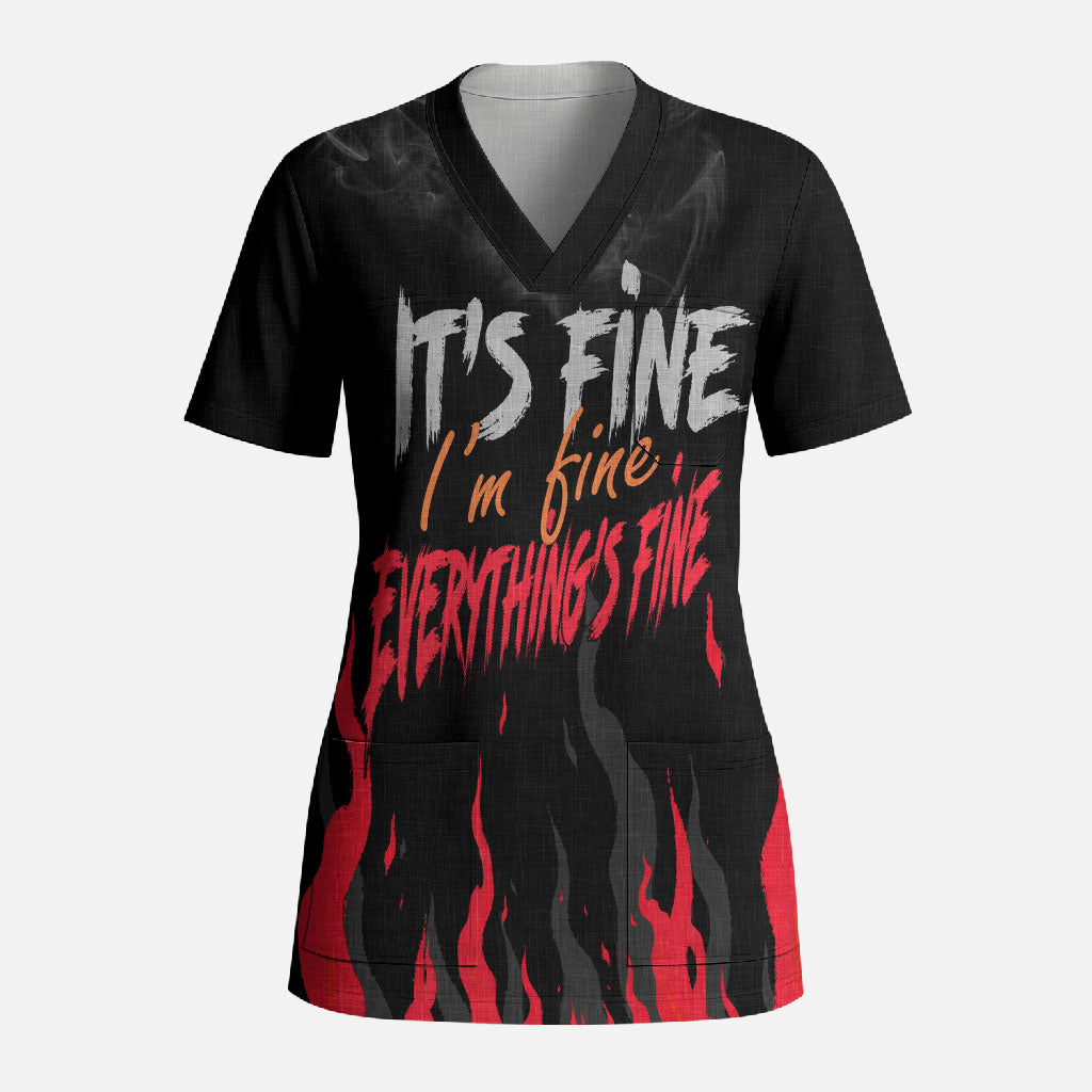 Dumpster Fire Everything's Fine Scrub Top Dark Heavy Metal Flame Skull Sarcastic Art