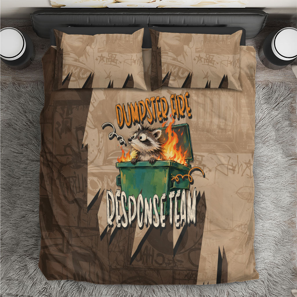 Dumpster Fire Response Team Bedding Set Funny Raccoon Cartoon Vintage Grunge Collage