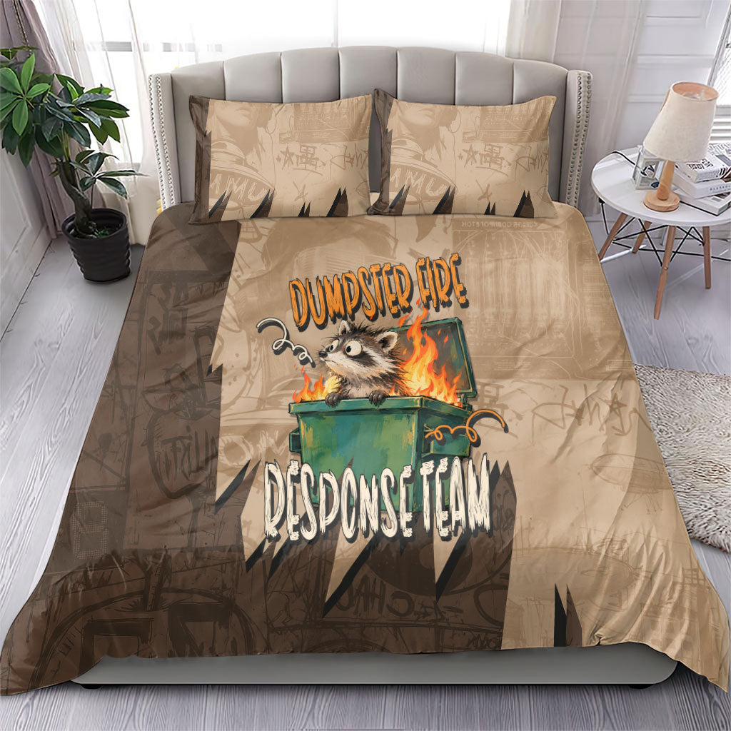 Dumpster Fire Response Team Bedding Set Funny Raccoon Cartoon Vintage Grunge Collage