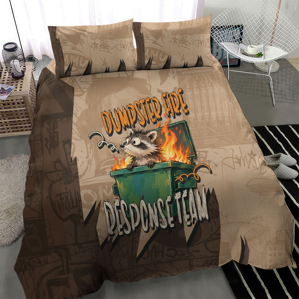 Dumpster Fire Response Team Bedding Set Funny Raccoon Cartoon Vintage Grunge Collage