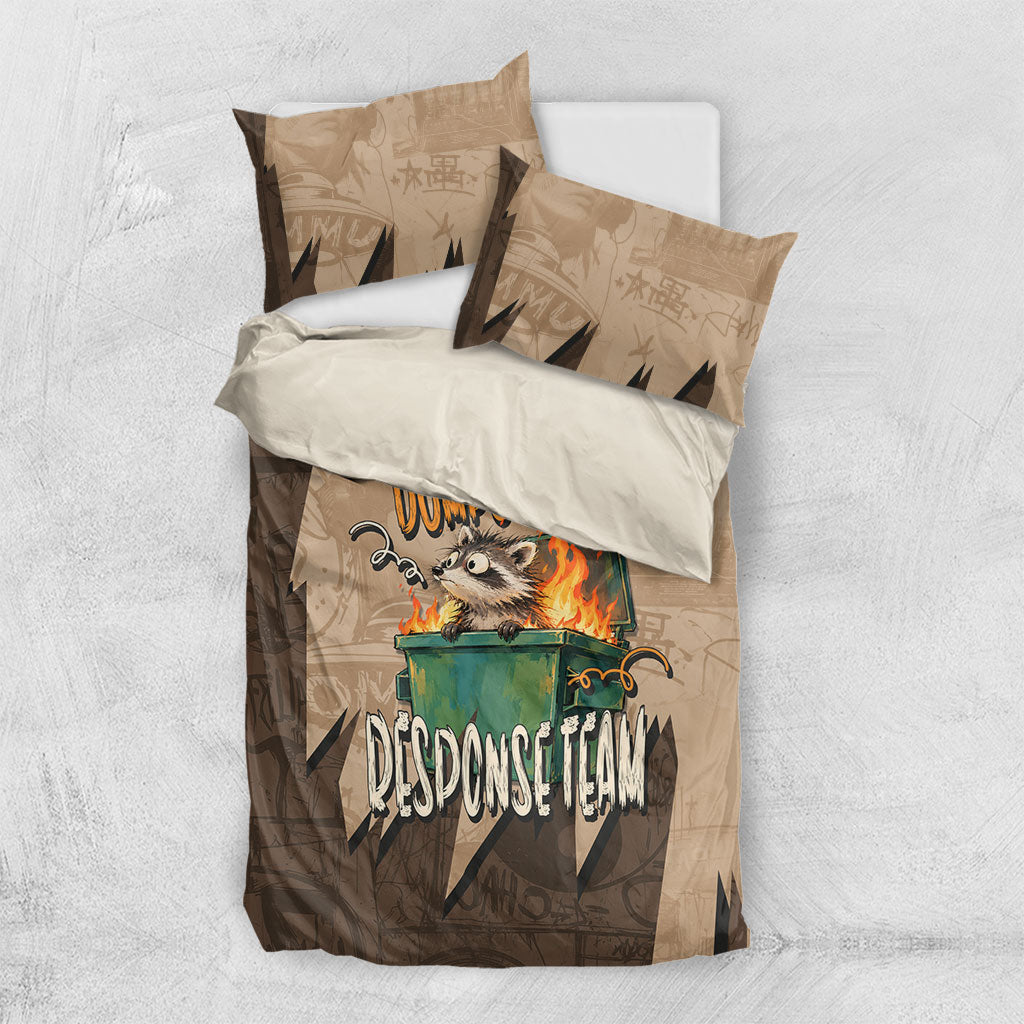Dumpster Fire Response Team Bedding Set Funny Raccoon Cartoon Vintage Grunge Collage