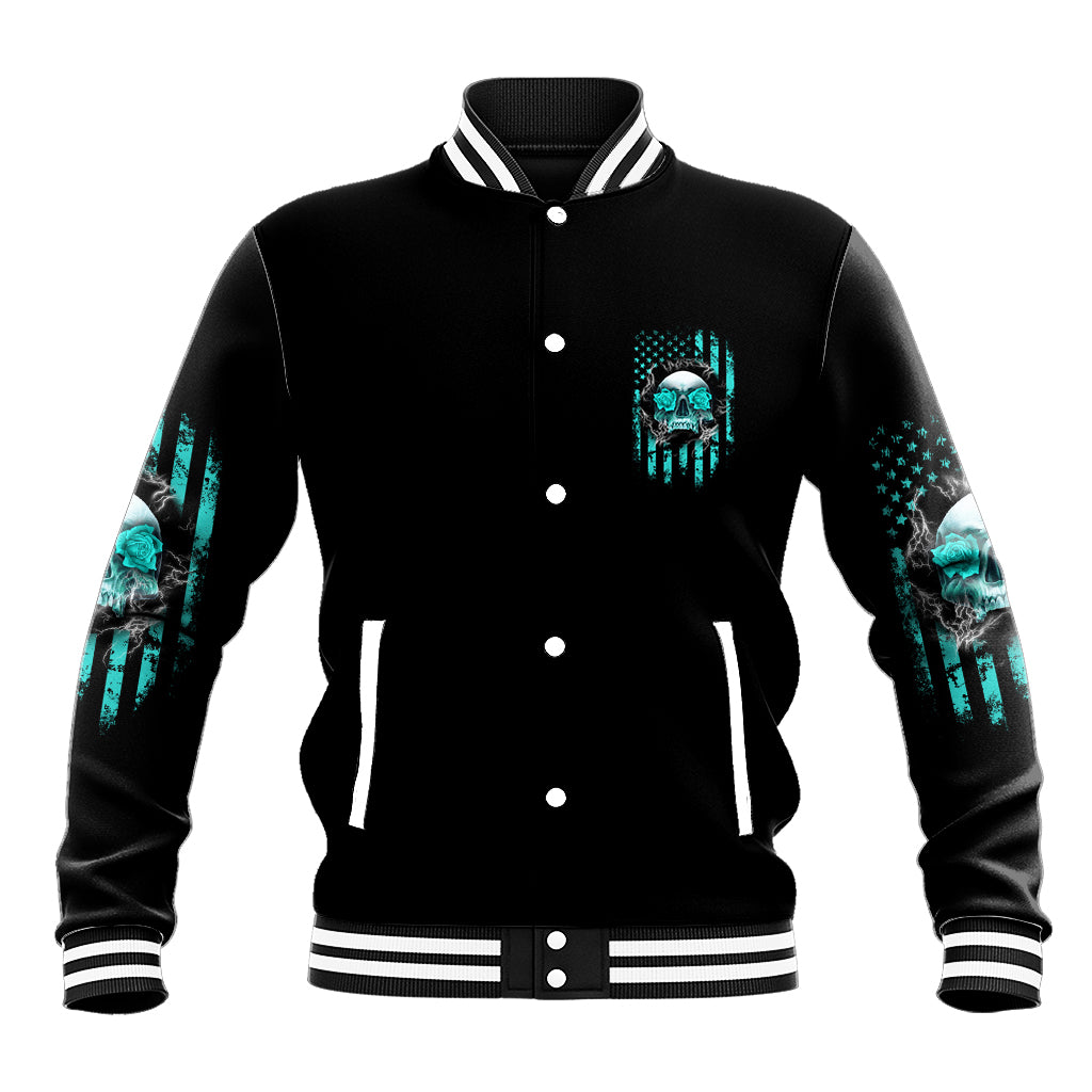 Black baseball jacket with teal skull front print, button-up varsity style