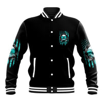 Black baseball jacket with teal skull front print, button-up varsity style