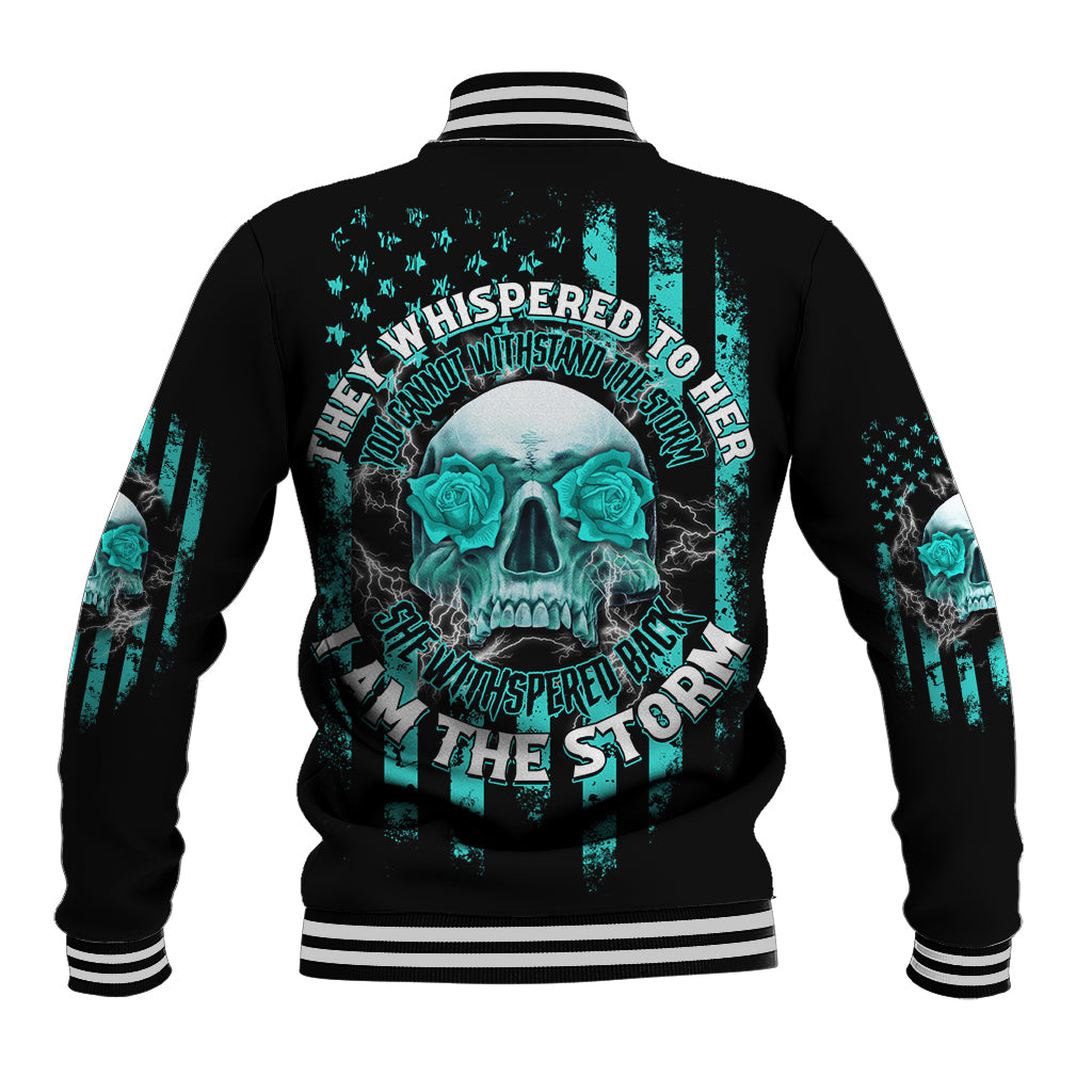 Black baseball jacket with teal skull back graphic and striped ribbed collar