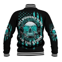 Black baseball jacket with teal skull back graphic and striped ribbed collar