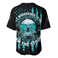 Black baseball jersey with teal skull roses graphic on back, short sleeves, button front