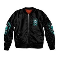 Black unisex bomber jacket with front zipper, teal chest skull patch and sleeve print
