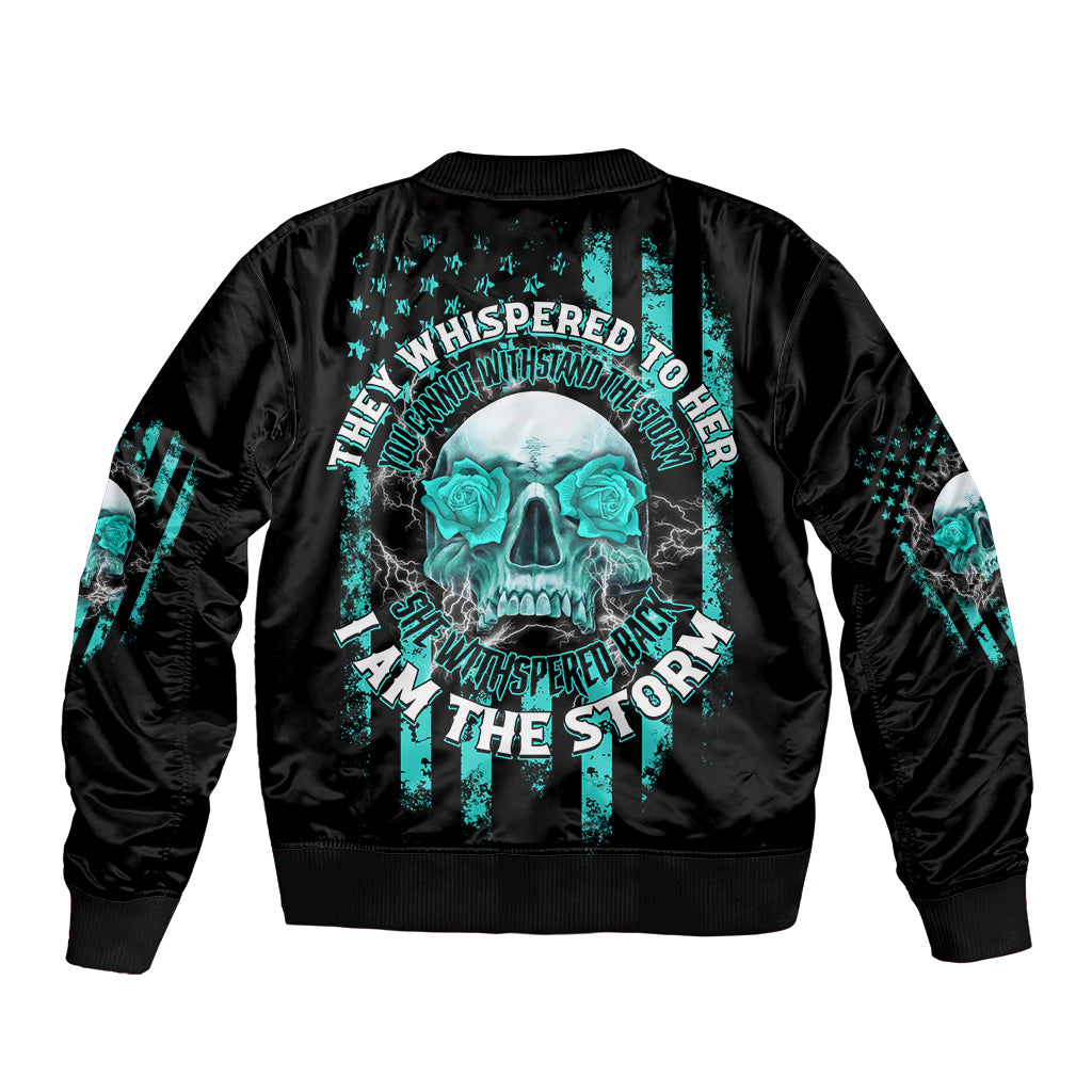Black skull bomber jacket with large teal back graphic, ribbed cuffs and hem