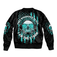Black skull bomber jacket with large teal back graphic, ribbed cuffs and hem