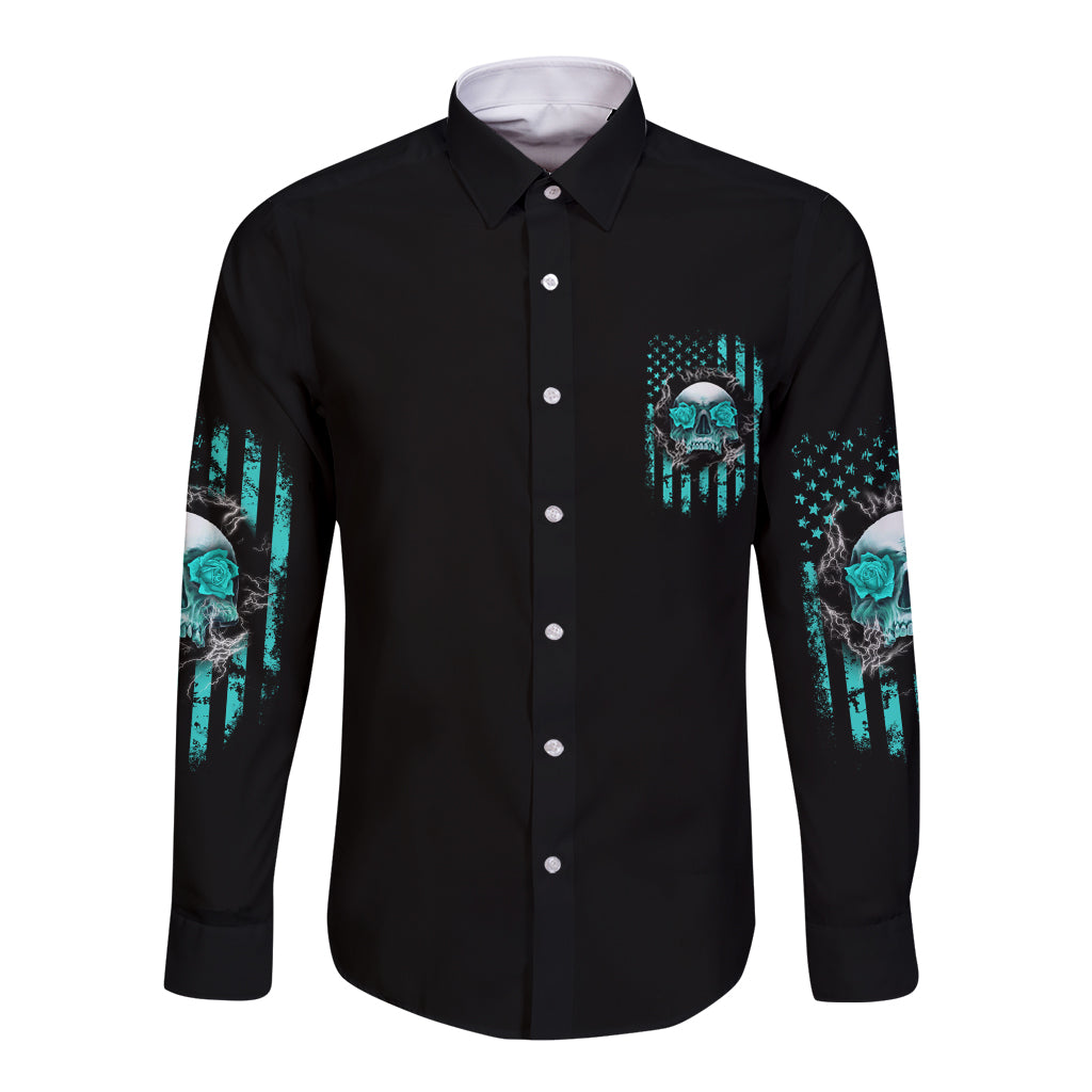 Black long-sleeve button shirt, front chest skull graphic with teal accents and stars