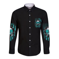 Black long-sleeve button shirt, front chest skull graphic with teal accents and stars
