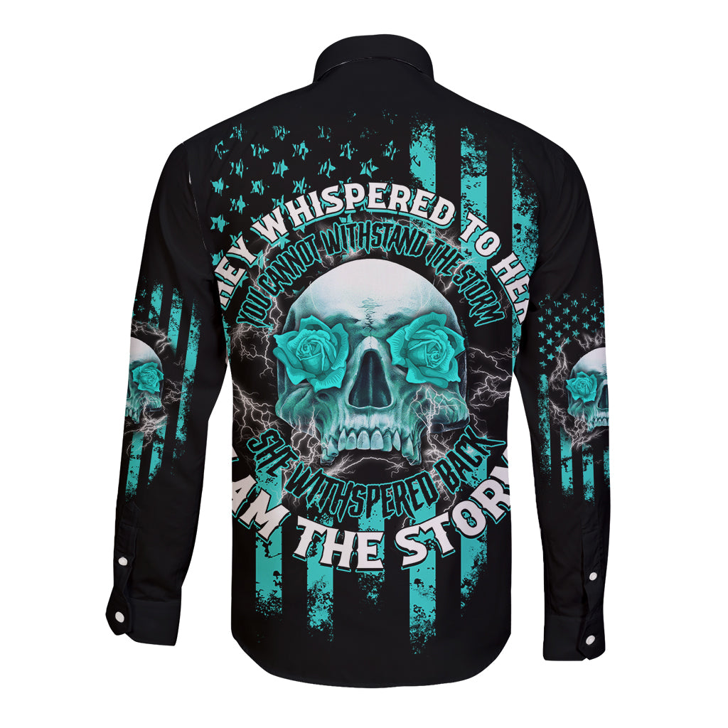 Black long-sleeve button shirt, back graphic skull in teal and white with text