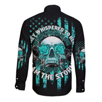 Black long-sleeve button shirt, back graphic skull in teal and white with text