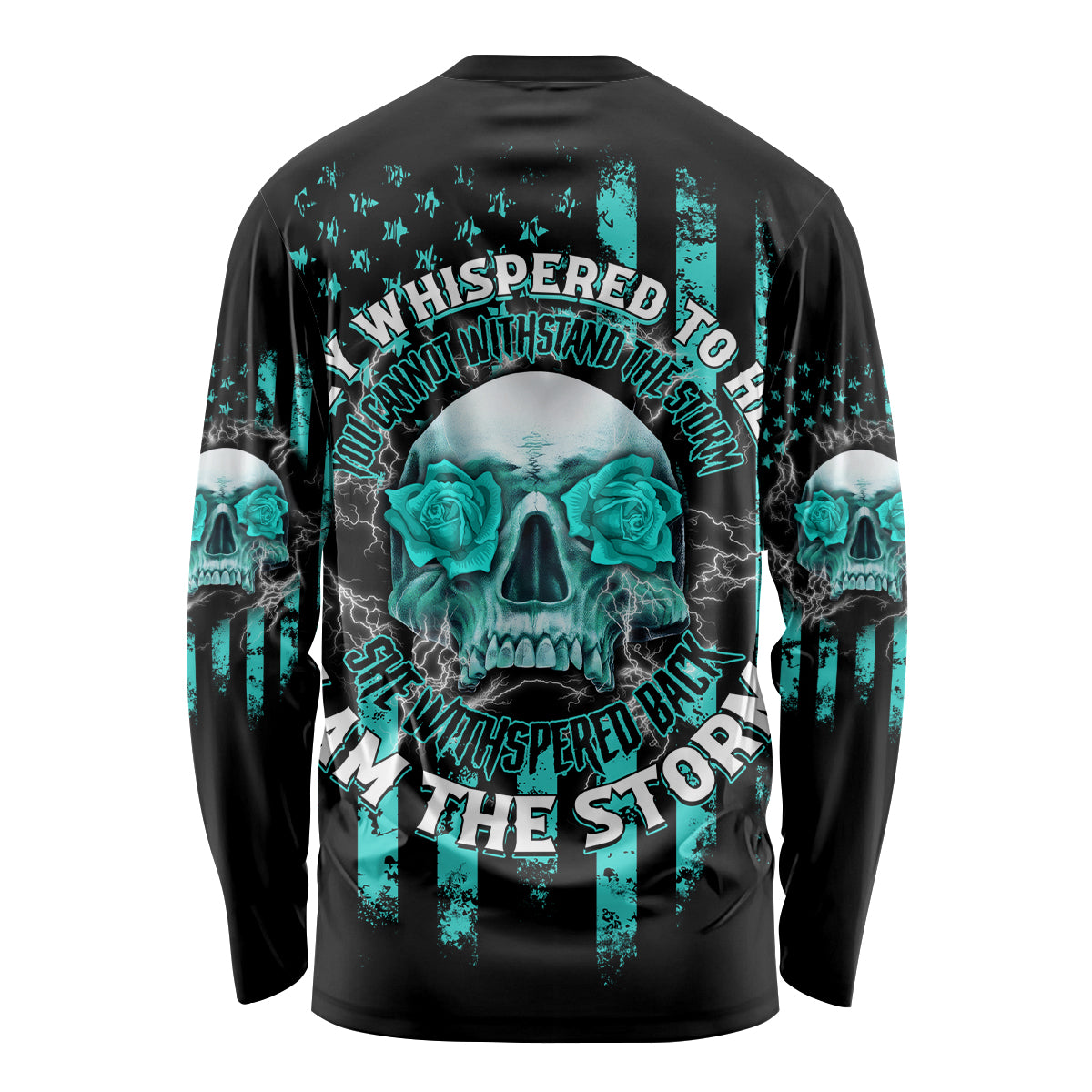 Black long sleeve shirt with teal back skull graphic, dripping text and stripe accents