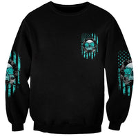 Unisex crewneck sweatshirt, black with small teal skull emblem and teal sleeve graphics