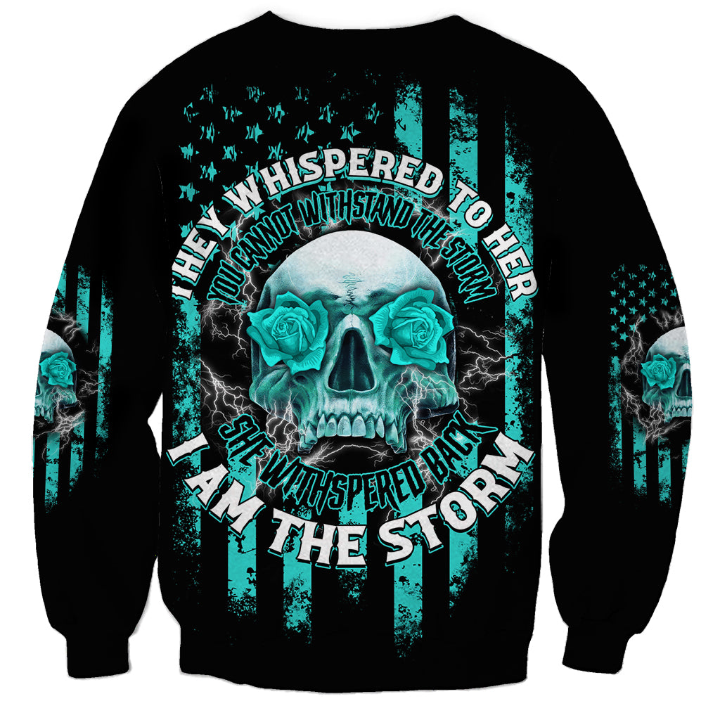 Unisex crewneck sweatshirt, black with teal skull graphic, roses and striped text
