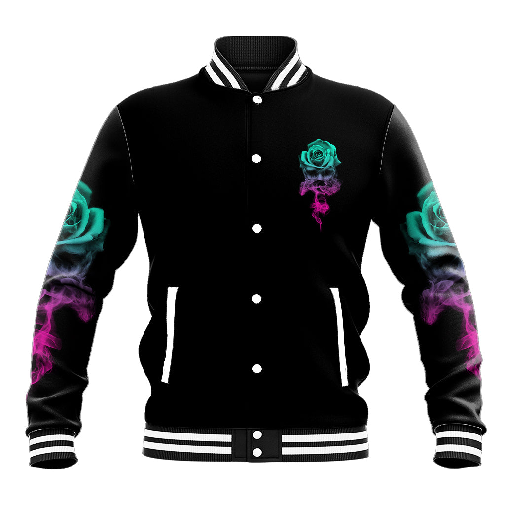 Black unisex varsity baseball jacket with front snap buttons, turquoise rose emblem