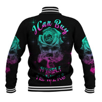 Black unisex baseball jacket with back graphic of turquoise rose skull and neon lettering