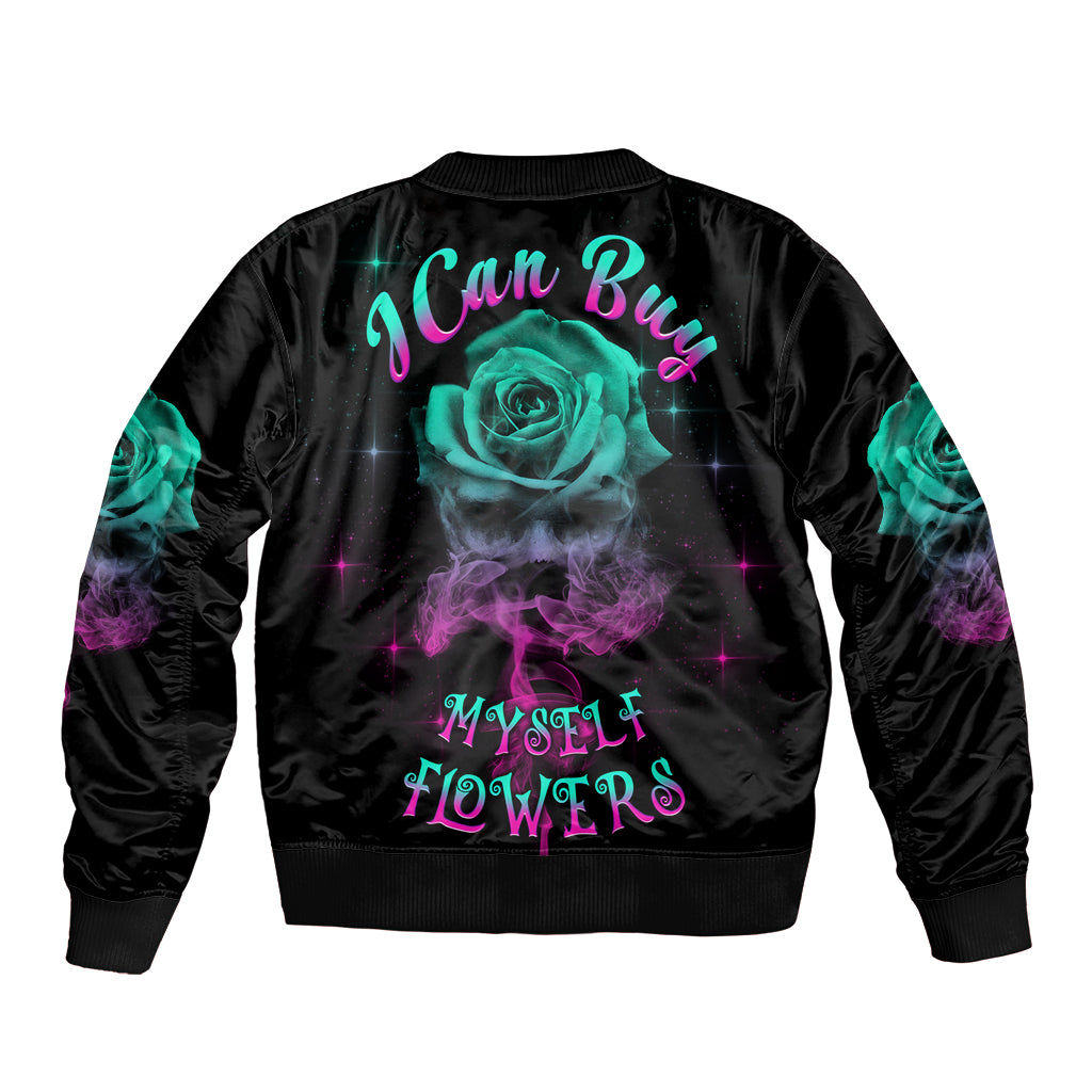 I Can Buy Myself Flowers Smoke Rose Skull Sleeve Zip Bomber Jacket - Wonder Print Shop