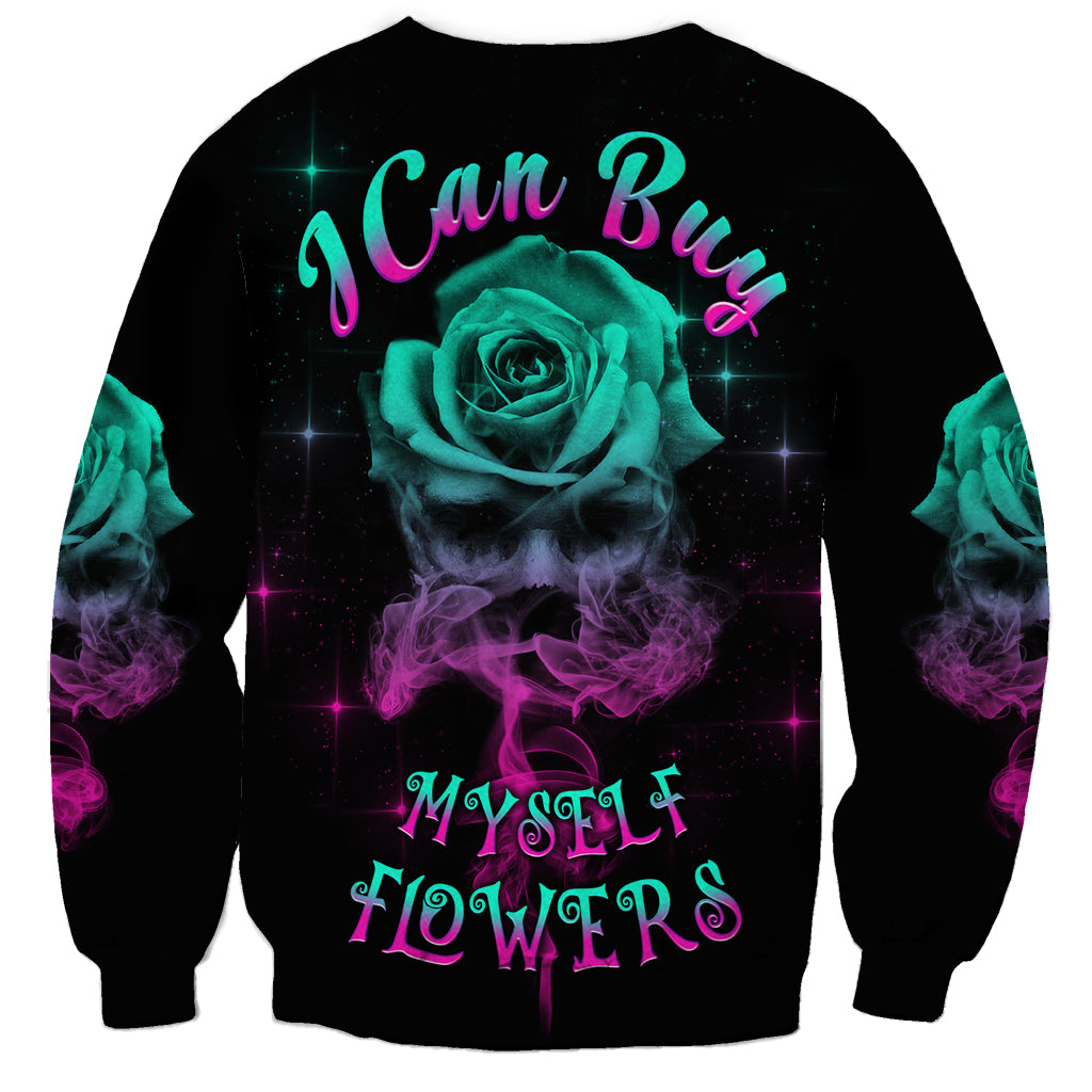 Black crewneck sweatshirt with teal rose skull graphic, purple smoke and text