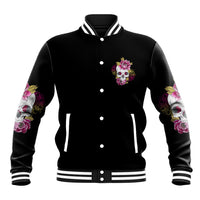 Black varsity jacket with button front, striped collar, floral skull patch on chest and sleeves
