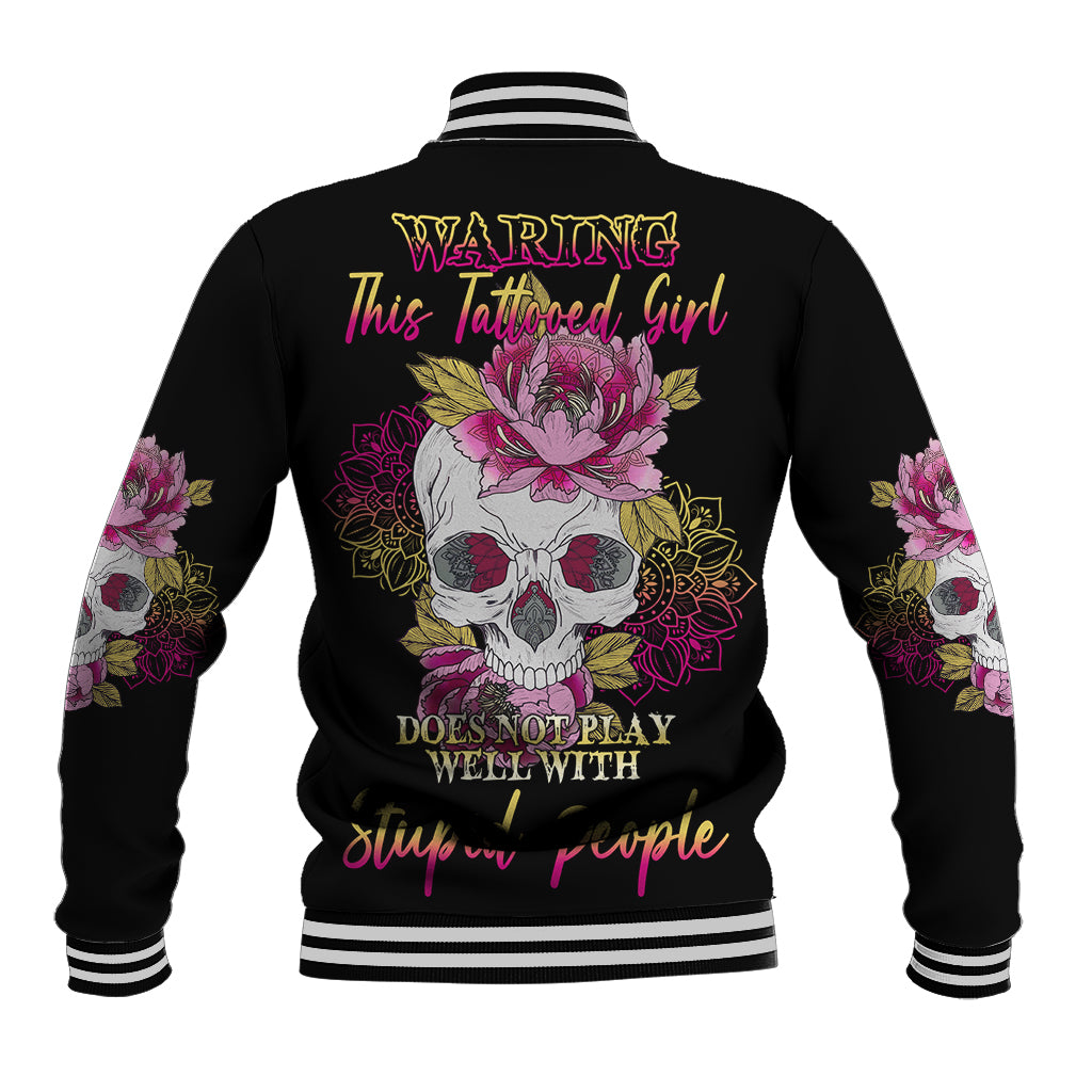 Black baseball jacket with multicolor skull and floral back print, striped rib collar and cuffs