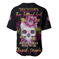 Black baseball jersey with back skull roses graphic and Warning text