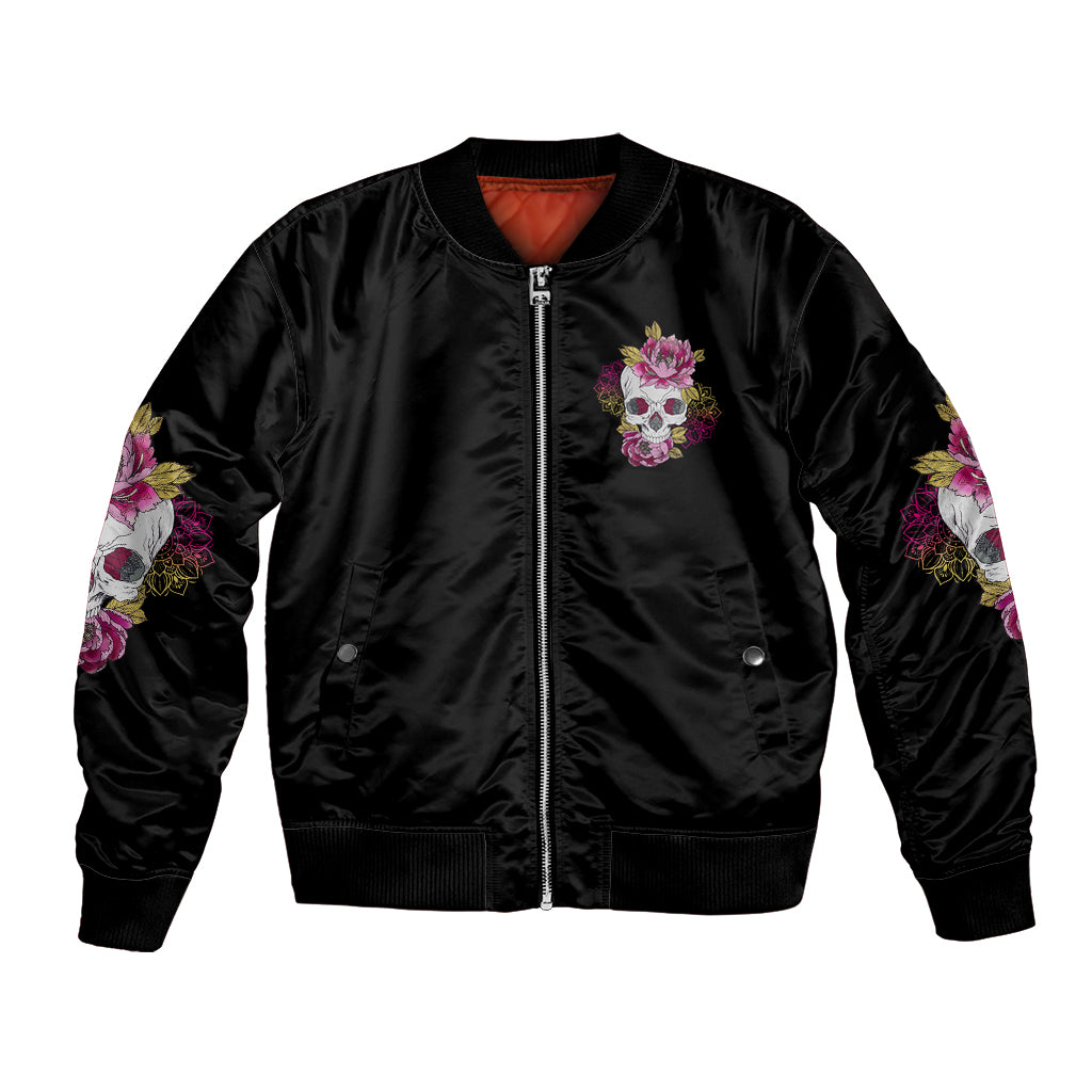 Black bomber jacket with front zipper, ribbed cuffs, floral applique on chest and sleeves