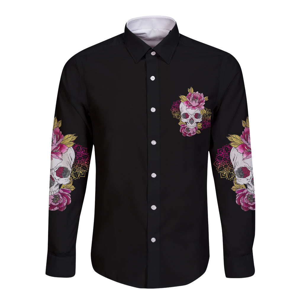 Black long-sleeve button shirt with skull-and-flower chest graphic and floral sleeves