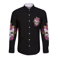Black long-sleeve button shirt with skull-and-flower chest graphic and floral sleeves