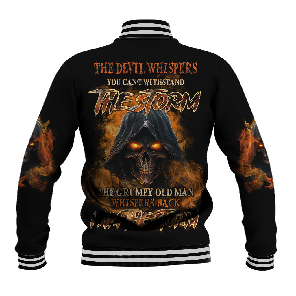 Black baseball jacket with striped ribbed collar and cuffs; fiery skull graphic on back