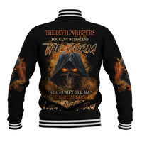 Black baseball jacket with striped ribbed collar and cuffs; fiery skull graphic on back
