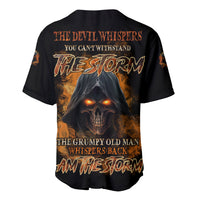Black baseball jersey with hooded skull fiery back print and orange lettering