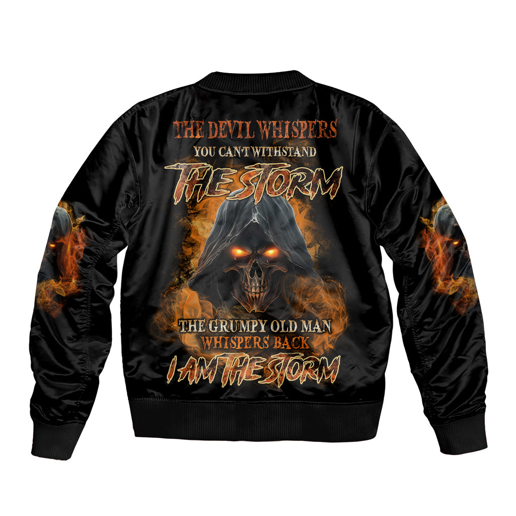 Black bomber jacket with large back graphic and orange flame text