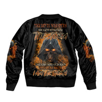 Black bomber jacket with large back graphic and orange flame text