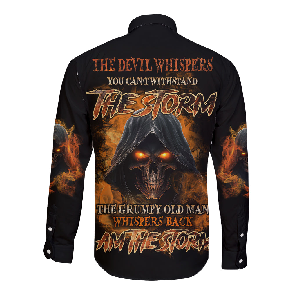 Long sleeve button shirt, black with back skull flames and 'storm' text graphic