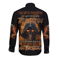 Long sleeve button shirt, black with back skull flames and 'storm' text graphic