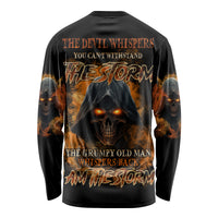 Black long sleeve shirt with fiery skull graphic on back, orange lettering
