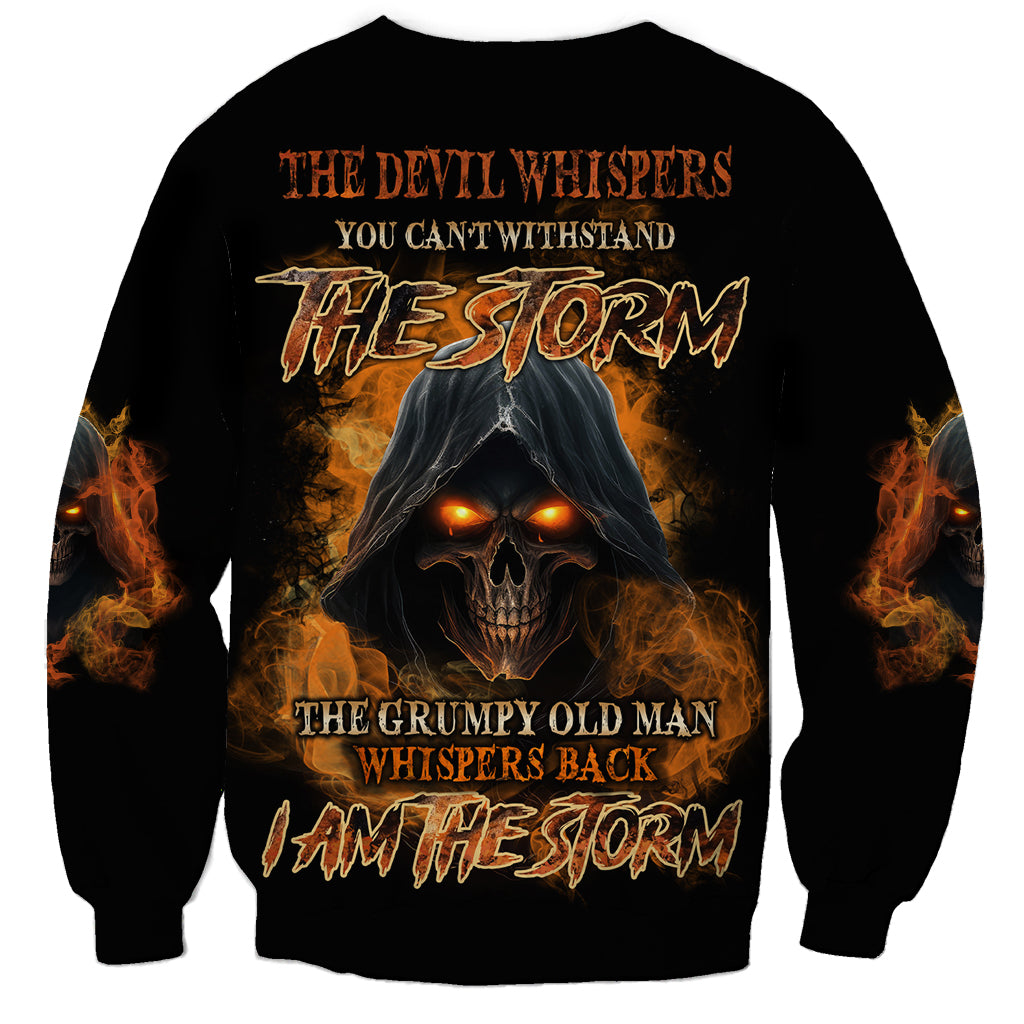 Black unisex sweatshirt with back skull-and-flames graphic and storm text
