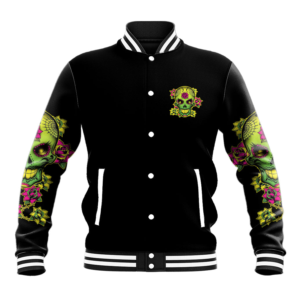 Black varsity baseball jacket with multicolor sugar skull chest patch and sleeve graphics