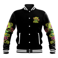 Black varsity baseball jacket with multicolor sugar skull chest patch and sleeve graphics