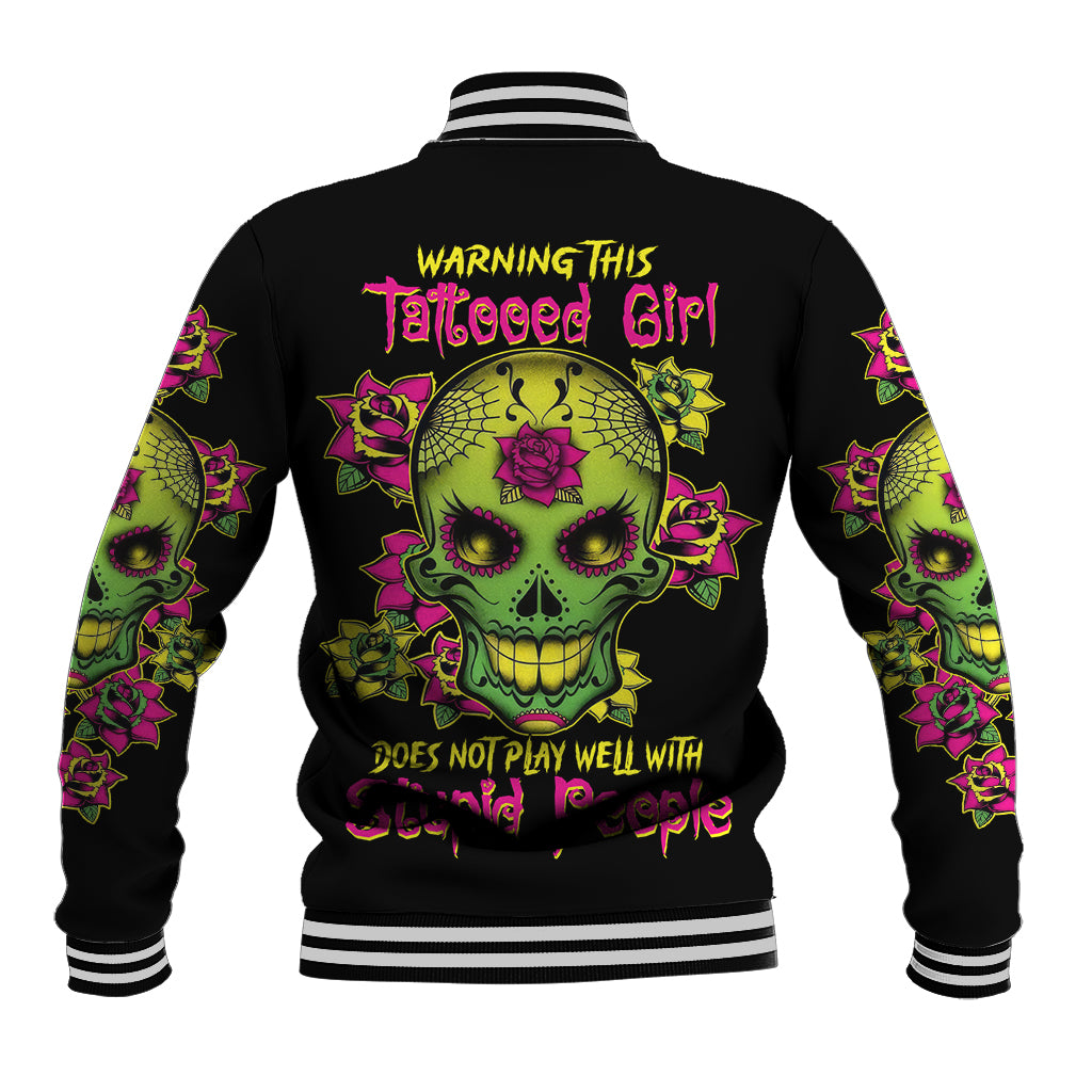 Black baseball jacket with multicolor sugar skull back graphic, ribbed striped collar