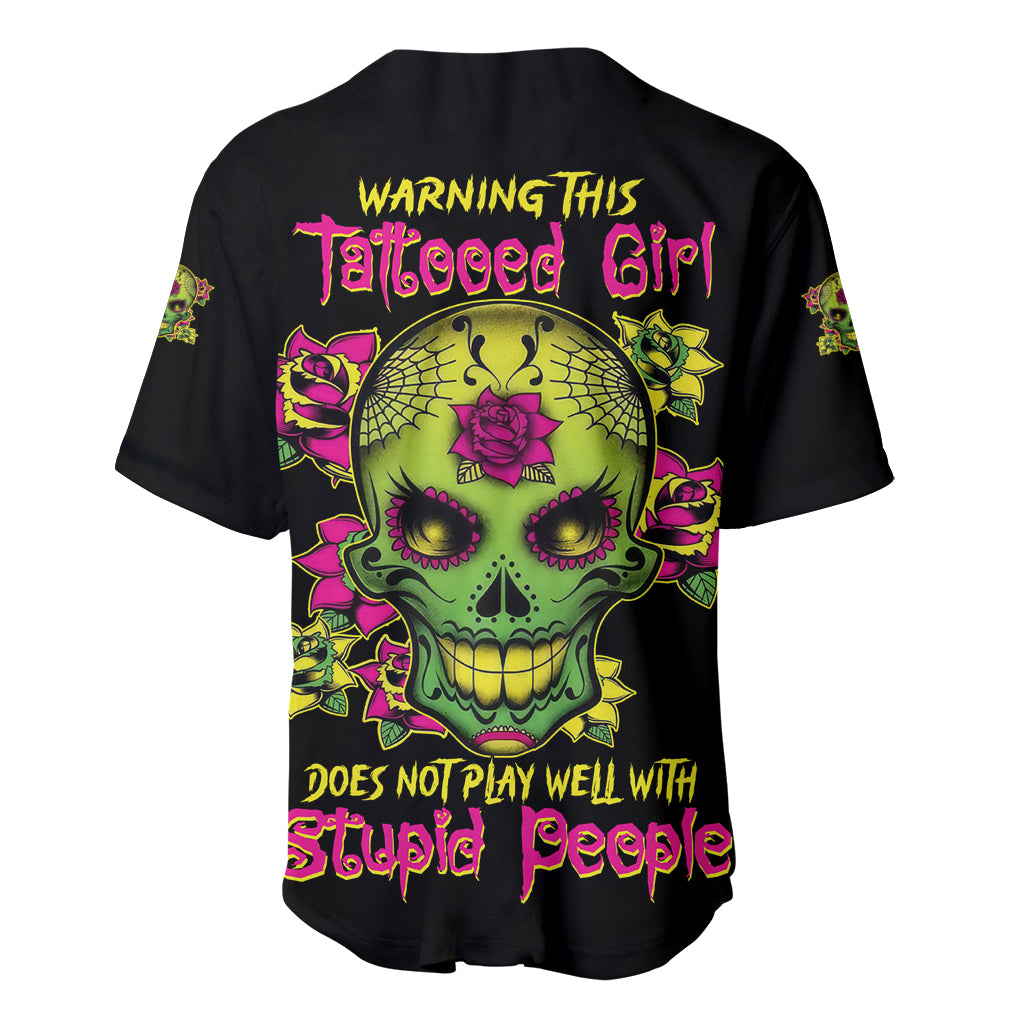 Black baseball jersey with multicolor sugar skull graphic on back