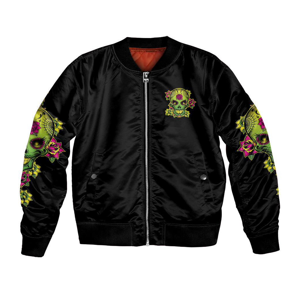 Black bomber jacket with front zipper, small flower sugar skull chest patch and printed sleeves