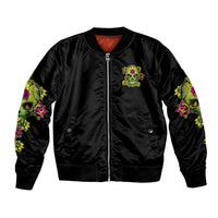 Black bomber jacket with front zipper, small flower sugar skull chest patch and printed sleeves