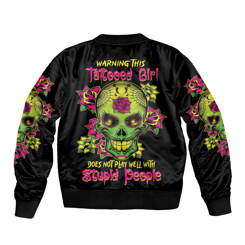 Black satin bomber jacket with flower sugar skull back graphic and ribbed hem/cuffs